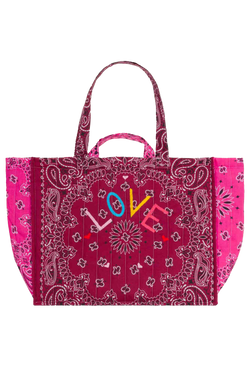 Pink and red bandana-patterned tote bag with 'LOVE' embroidered on a transparent background