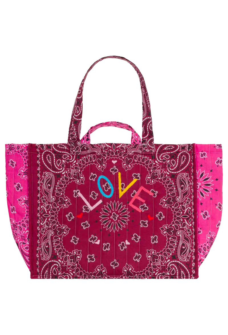Pink and red bandana-patterned tote bag with 'LOVE' embroidered on a transparent background