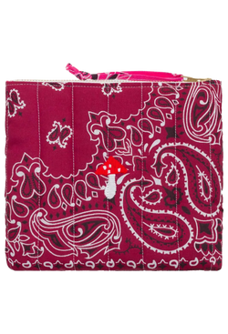 Pink bandana zip pouch with mushroom embroidery on a transparent background