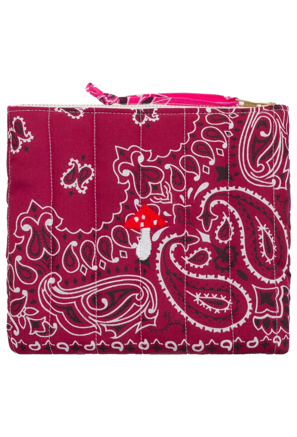 Pink bandana zip pouch with mushroom embroidery on a transparent background