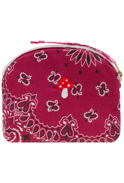 Pink bandana zip pouch with a mushroom design on a transparent background