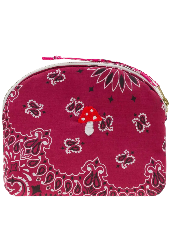 Pink bandana zip pouch with a mushroom design on a transparent background