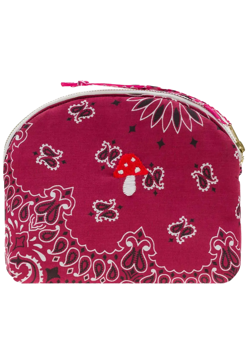 Pink bandana zip pouch with a mushroom design on a transparent background