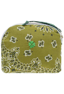 Green bandana zip pouch with a four-leaf clover embroidered on a transparent background