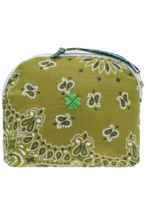 Green bandana zip pouch with a four-leaf clover embroidered on a transparent background