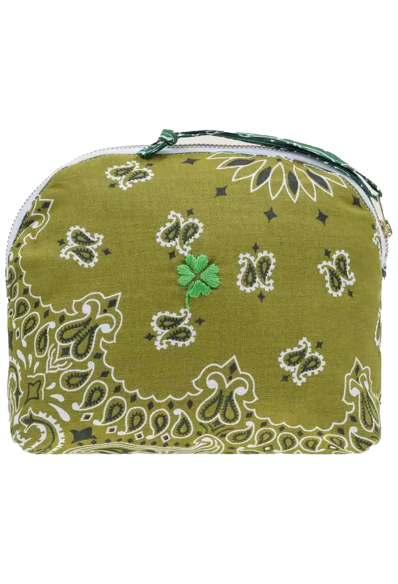 Green bandana zip pouch with a four-leaf clover embroidered on a transparent background