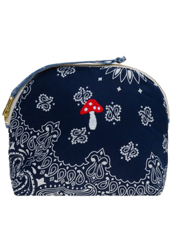 navy bandana zip pouch with mushroom embroidery on a transparent background