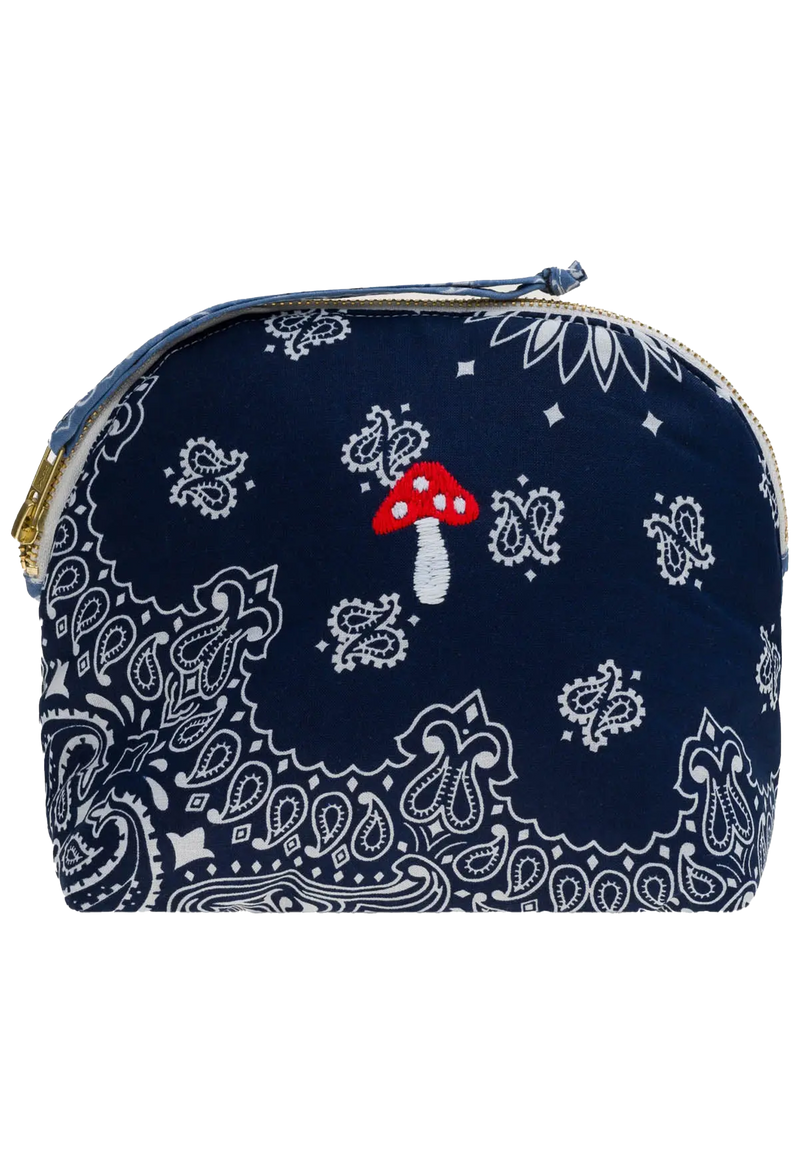 navy bandana zip pouch with mushroom embroidery on a transparent background