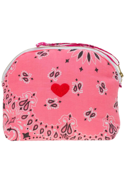 Pink bandana zip pouch with red heart embroidery on a transparent background