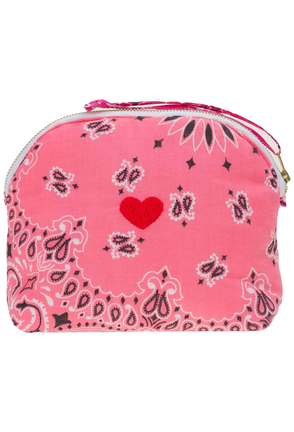 Pink bandana zip pouch with red heart embroidery on a transparent background