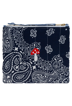 blue bandana zip pouch with mushroom embroidery on a transparent background