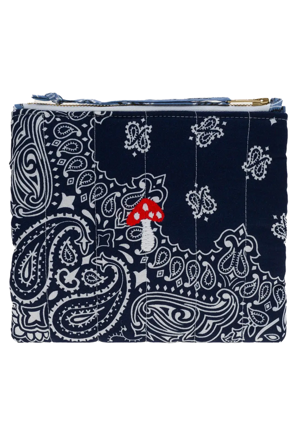 blue bandana zip pouch with mushroom embroidery on a transparent background