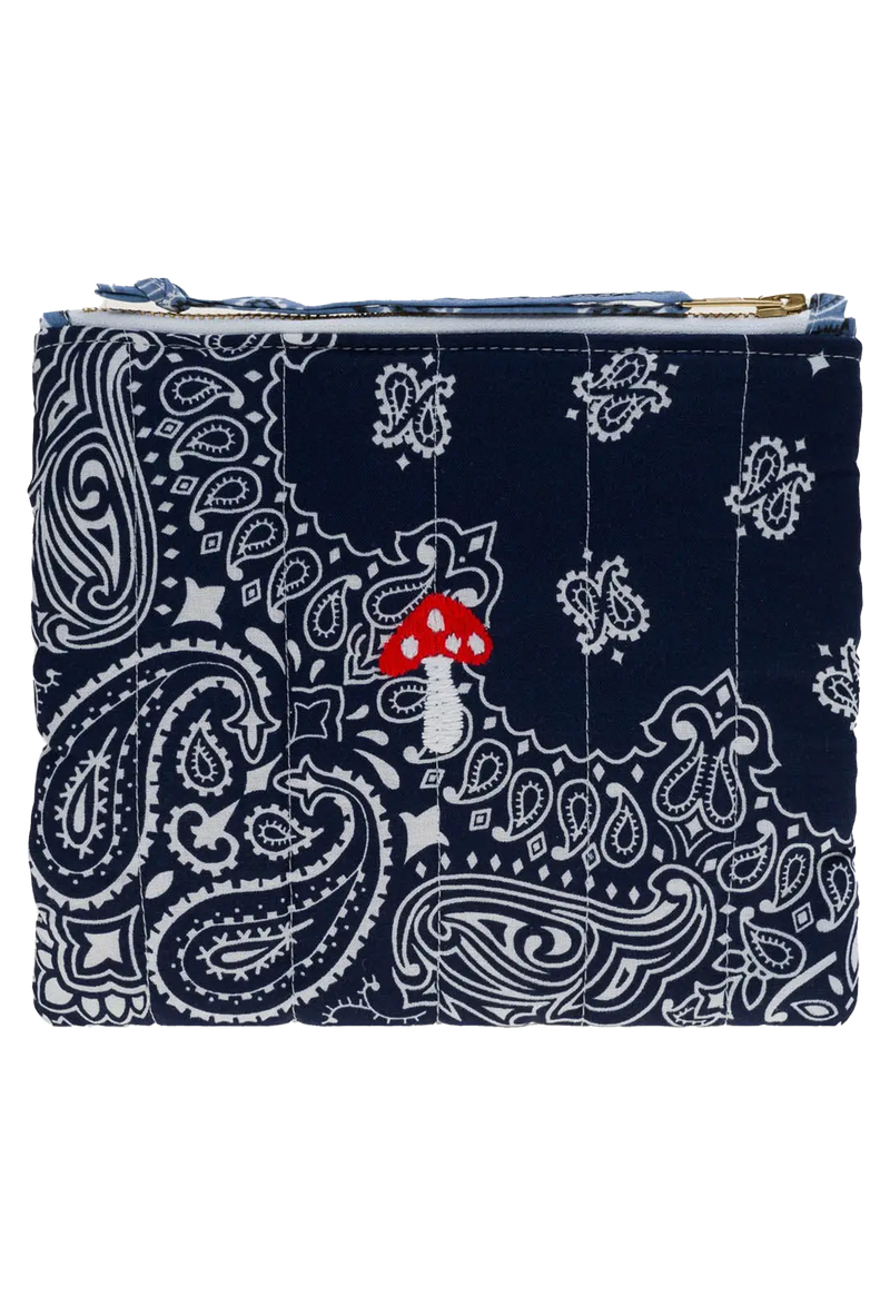 blue bandana zip pouch with mushroom embroidery on a transparent background