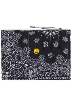 black bandana zip pouch with yellow smiley face embroidery on a transparent background