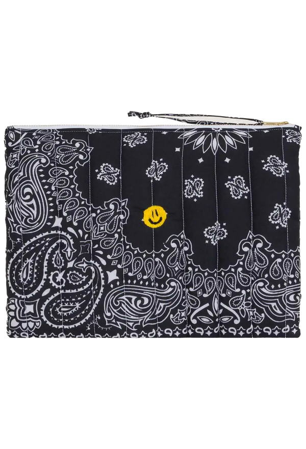 black bandana zip pouch with yellow smiley face embroidery on a transparent background