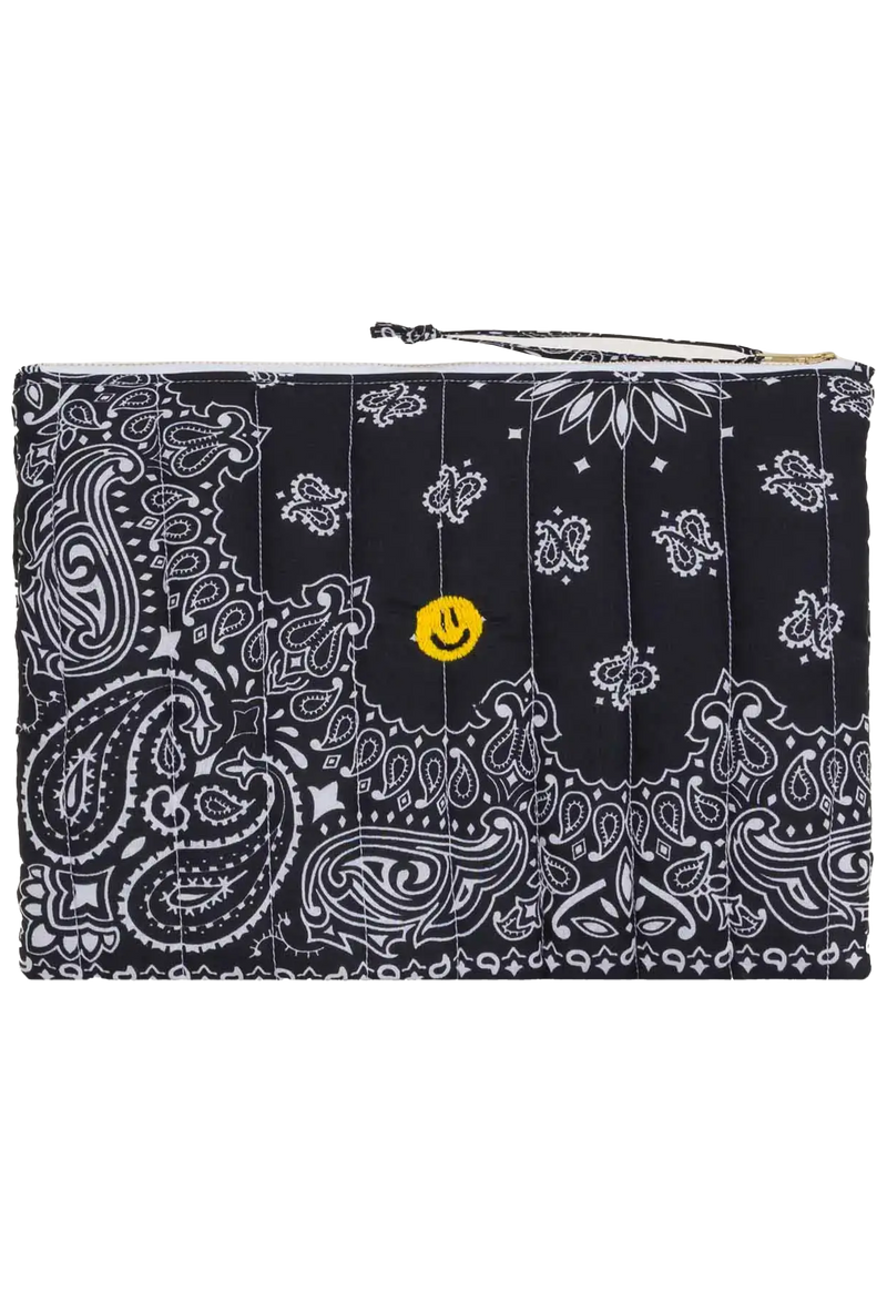 black bandana zip pouch with yellow smiley face embroidery on a transparent background