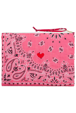 Pink bandana zip pouch with red heart embroidery on a transparent background
