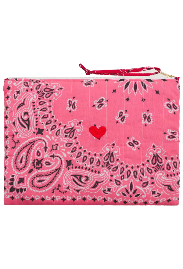 Pink bandana zip pouch with red heart embroidery on a transparent background
