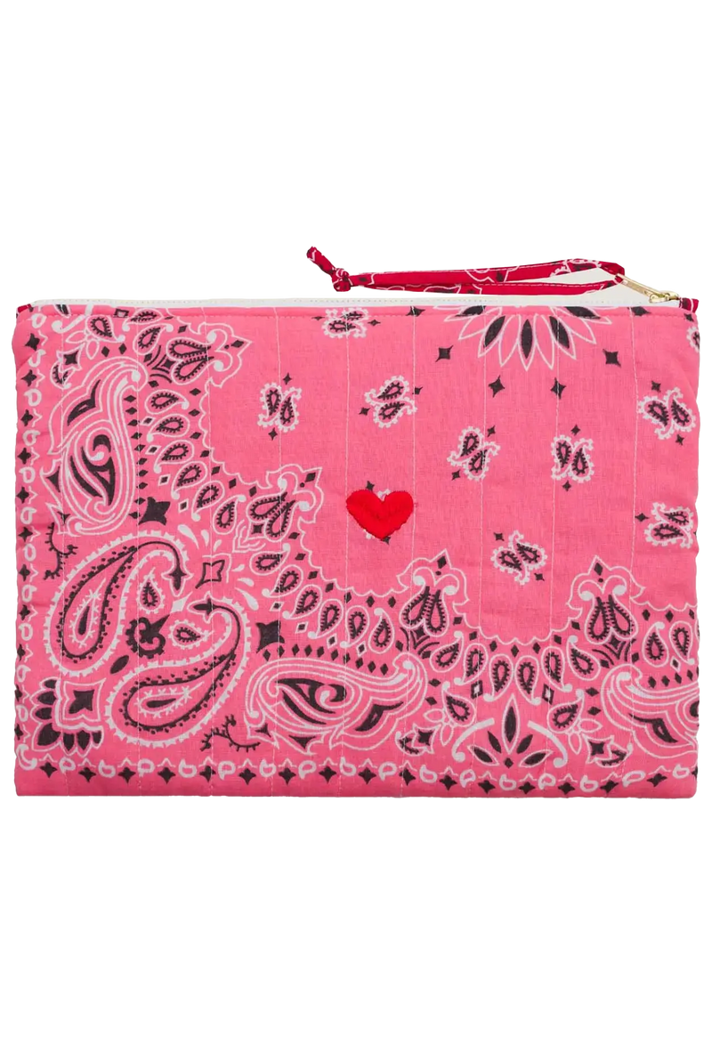 Pink bandana zip pouch with red heart embroidery on a transparent background