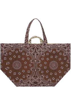large brown and beige bandana weekender tote bag on a transparent background