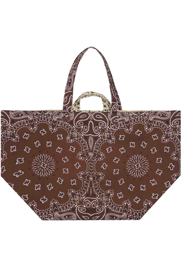 large brown and beige bandana weekender tote bag on a transparent background