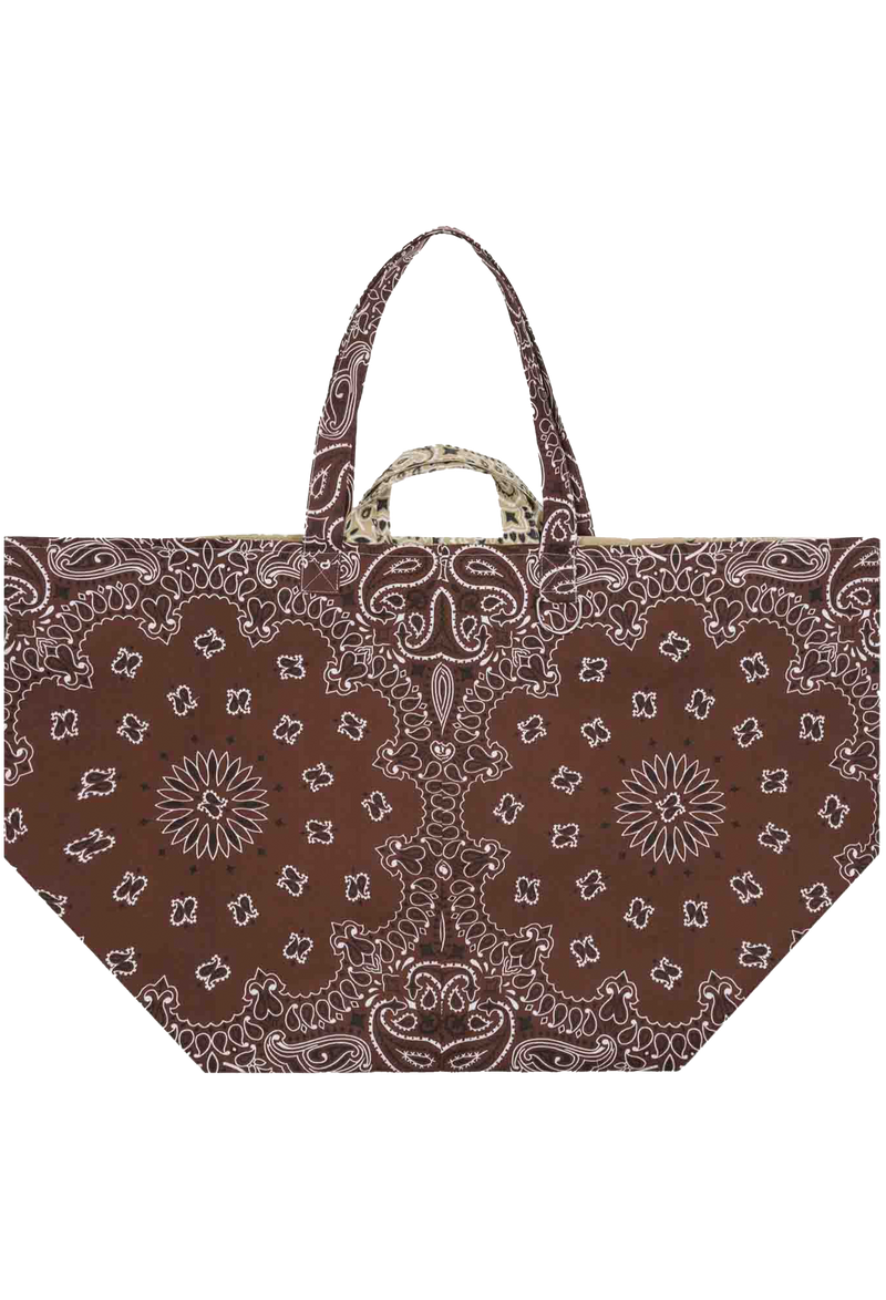 large brown and beige bandana weekender tote bag on a transparent background