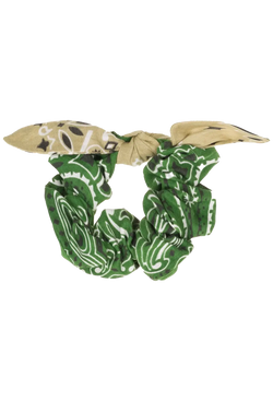 beige and green bandana scrunchie on a transparent background