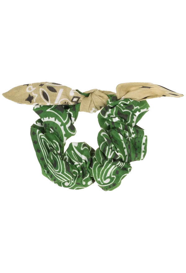 beige and green bandana scrunchie on a transparent background