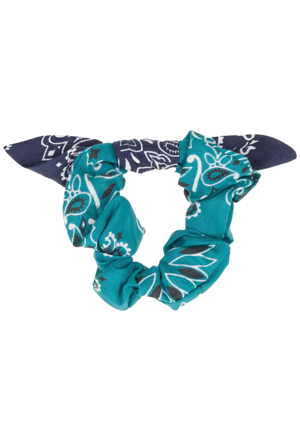 Teal and navy bandana scrunchie on a transparent background