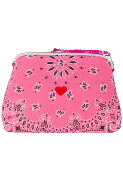 Pink bandana zip pouch with a red heart embroidered on a transparent background