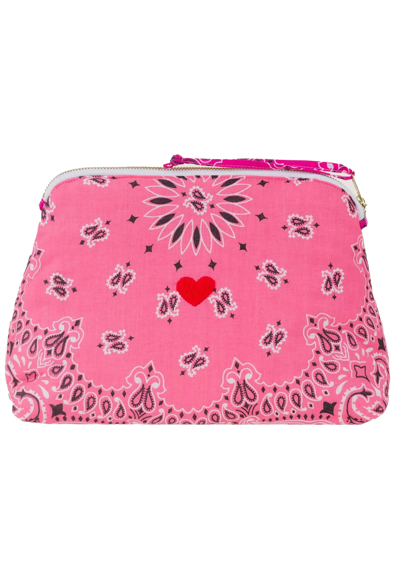 Pink bandana zip pouch with a red heart embroidered on a transparent background