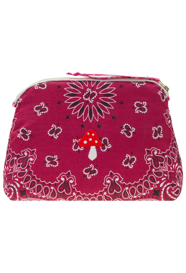 burgundy and pink bandana zip pouch with a mushroom design on a transparent background
