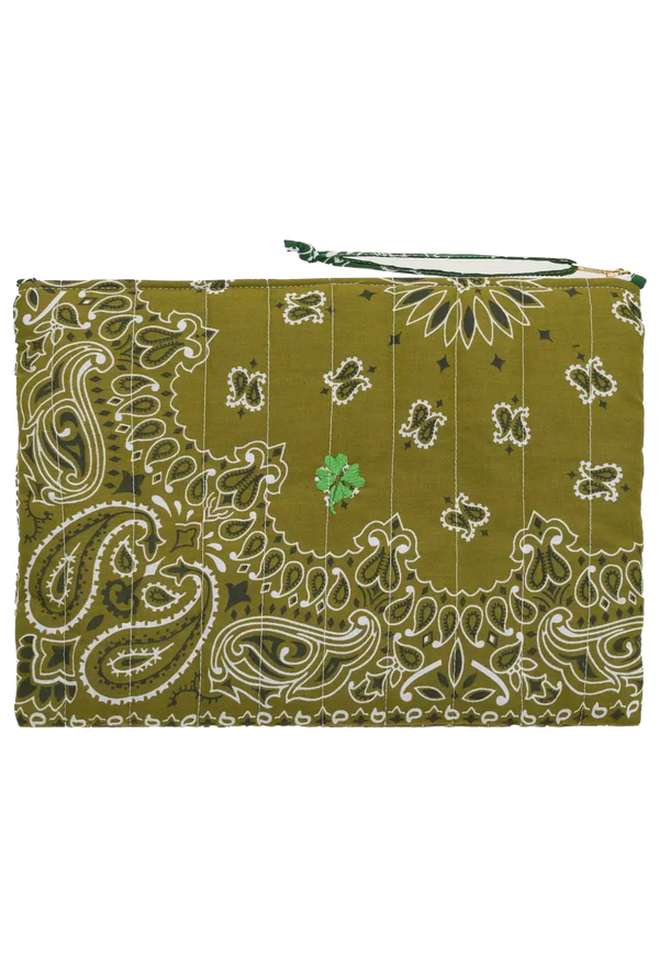 green bandana zip pouch with a clover design on a transparent background