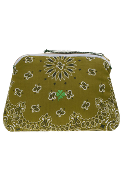 green bandana zip pouch with a clover design on a transparent background