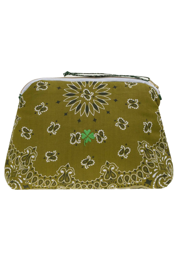 green bandana zip pouch with a clover design on a transparent background