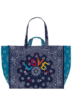 navy and blue bandana weekender tote bag with colorful 'LOVE' embroidery on a transparent background