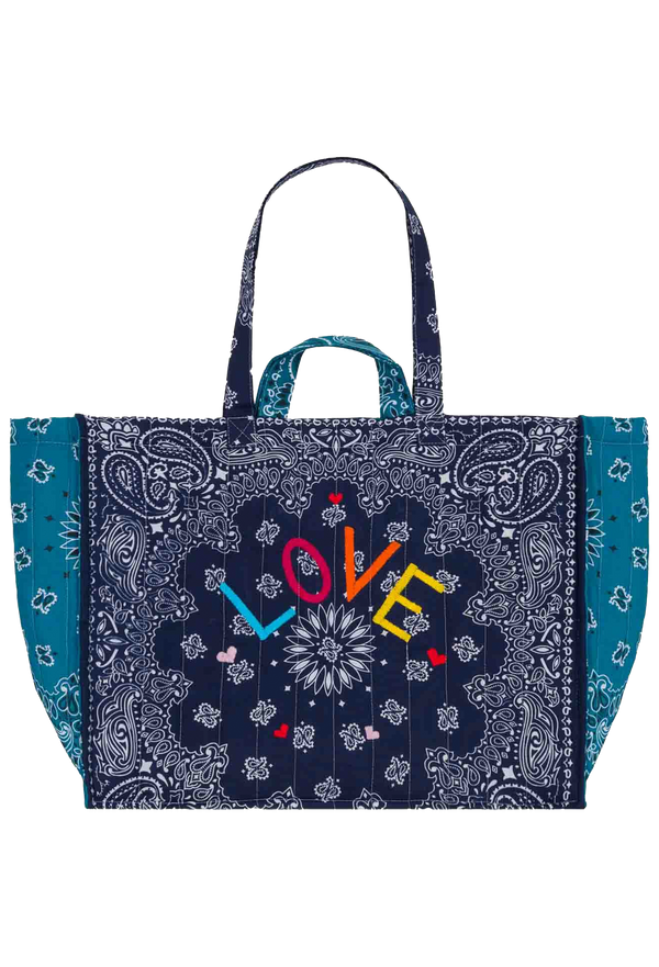 navy and blue bandana weekender tote bag with colorful 'LOVE' embroidery on a transparent background