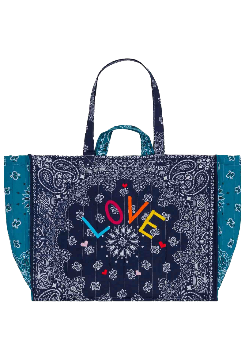 navy and blue bandana weekender tote bag with colorful 'LOVE' embroidery on a transparent background