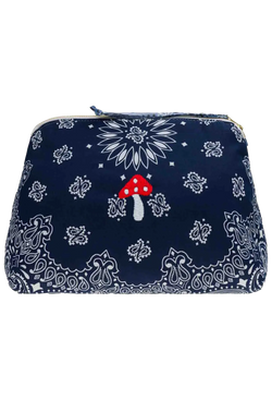 blue bandana zip pouch with a mushroom design on a transparent background