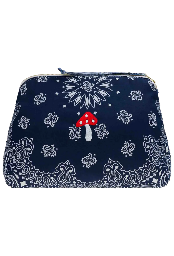 blue bandana zip pouch with a mushroom design on a transparent background
