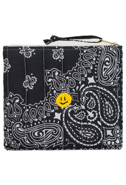 black bandana zip pouch with a yellow smiley face design on a transparent background