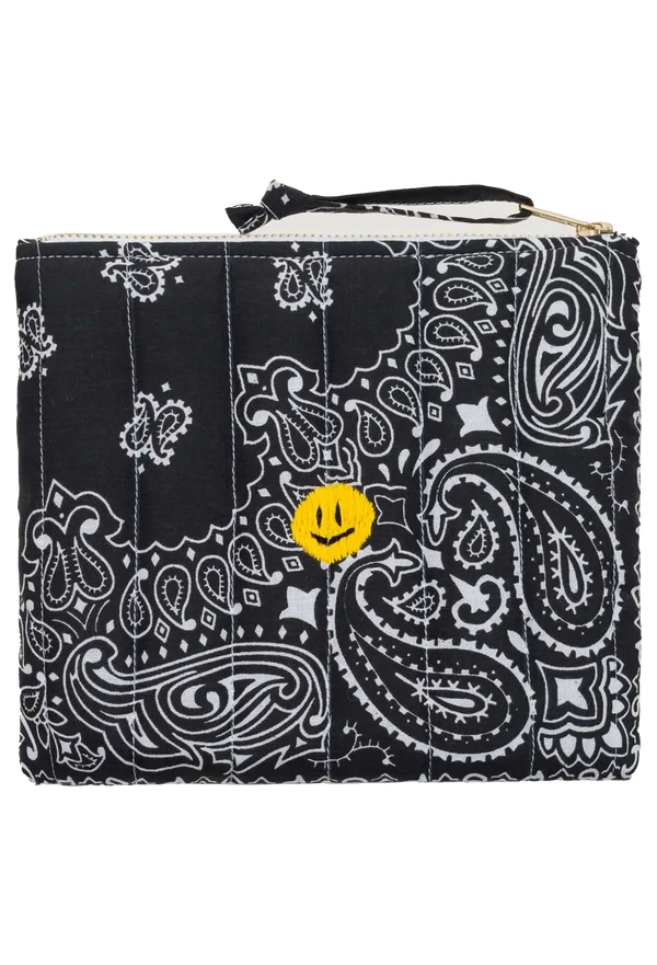 black bandana zip pouch with a yellow smiley face design on a transparent background
