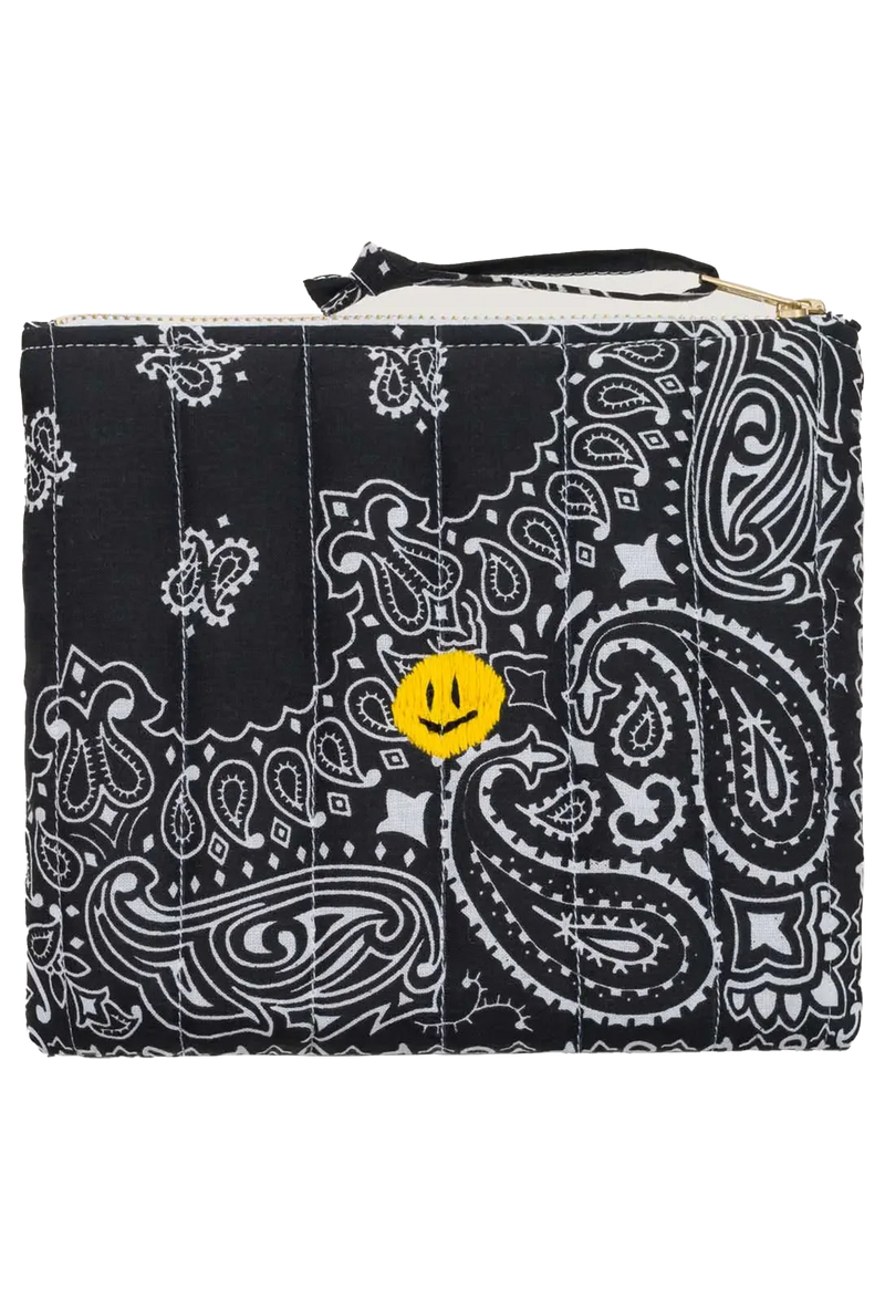 black bandana zip pouch with a yellow smiley face design on a transparent background