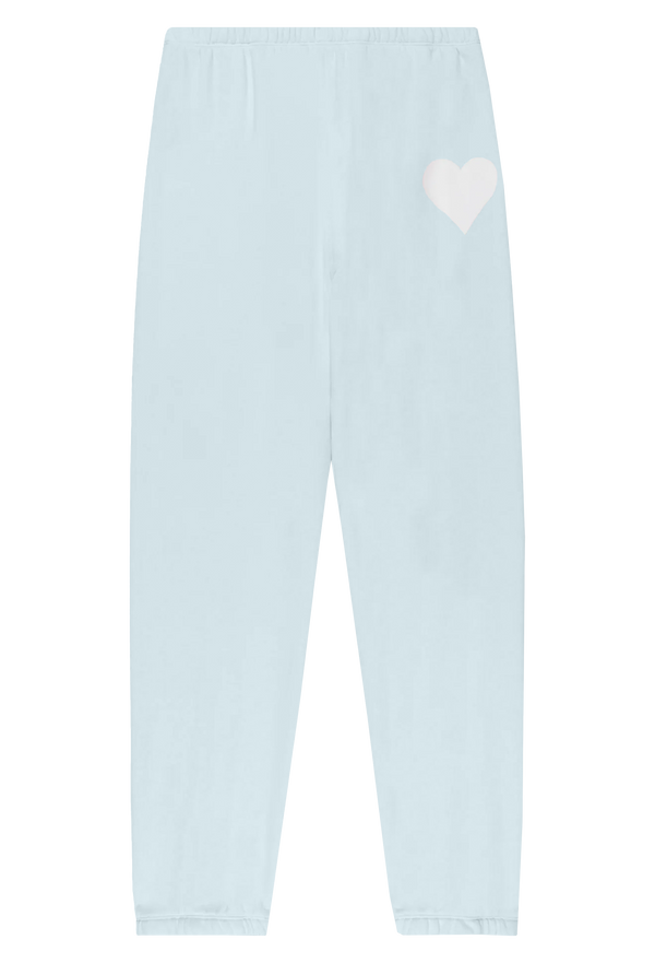 Light blue sweatpants pants with a white heart design on a transparent background