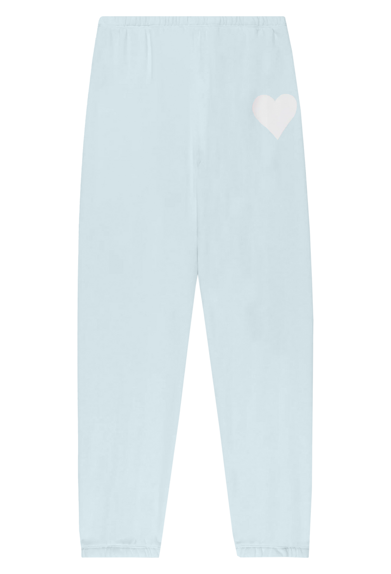 Light blue sweatpants pants with a white heart design on a transparent background
