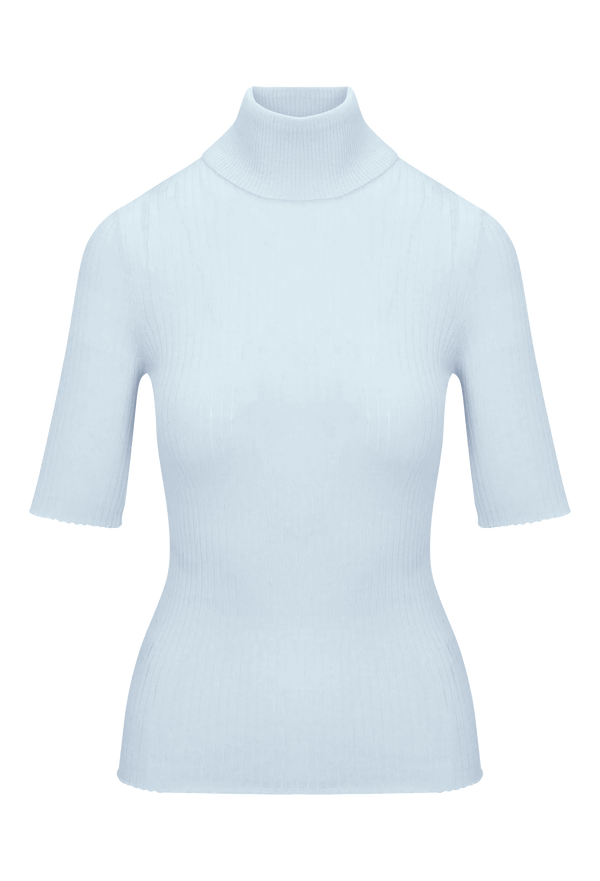 Light blue short sleeve ribbed turtleneck top on a transparent background