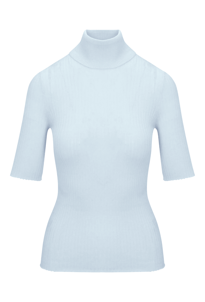 Light blue short sleeve ribbed turtleneck top on a transparent background