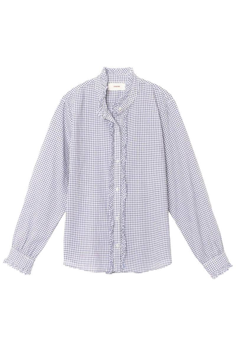 blue and white ruffle checkered button down shirt on a white background
