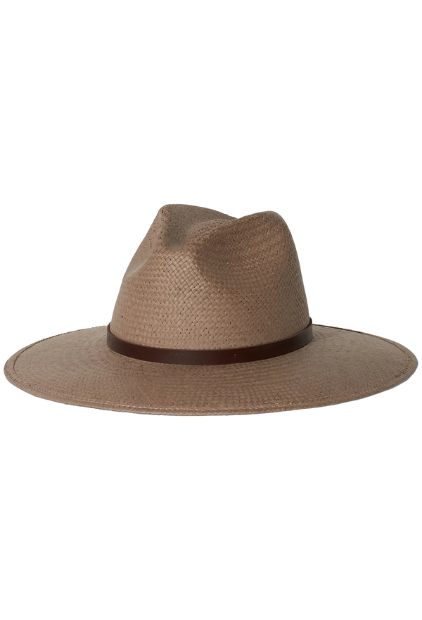 Brown straw hat with a brown band on a white background