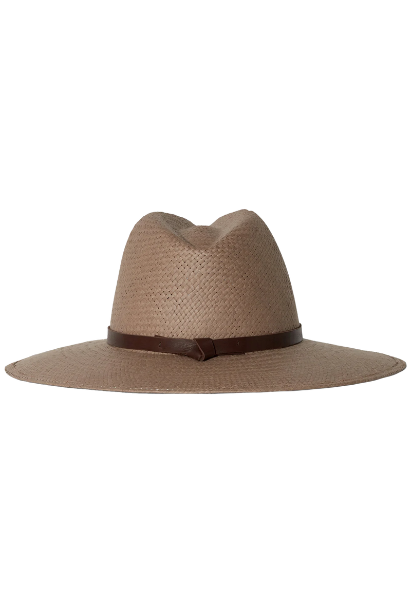 Brown straw hat with a wide brim and brown band on a white background